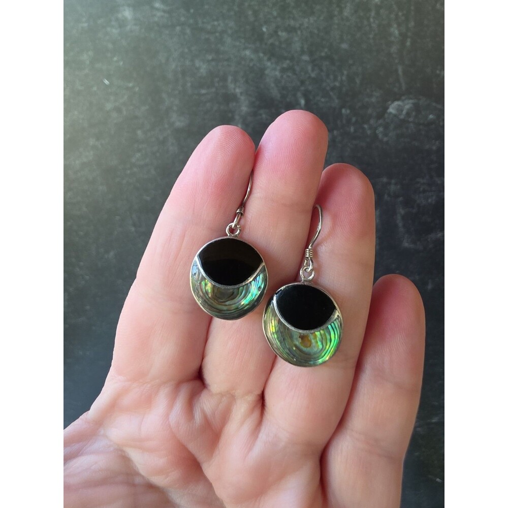 925 Sterling Silver Black Onyx Abalone Shell Dangling Pierced Earrings
